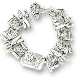 Sewing Machine Charms Bracelet 7.5” Slider Scissors Yarn Silver Plated
